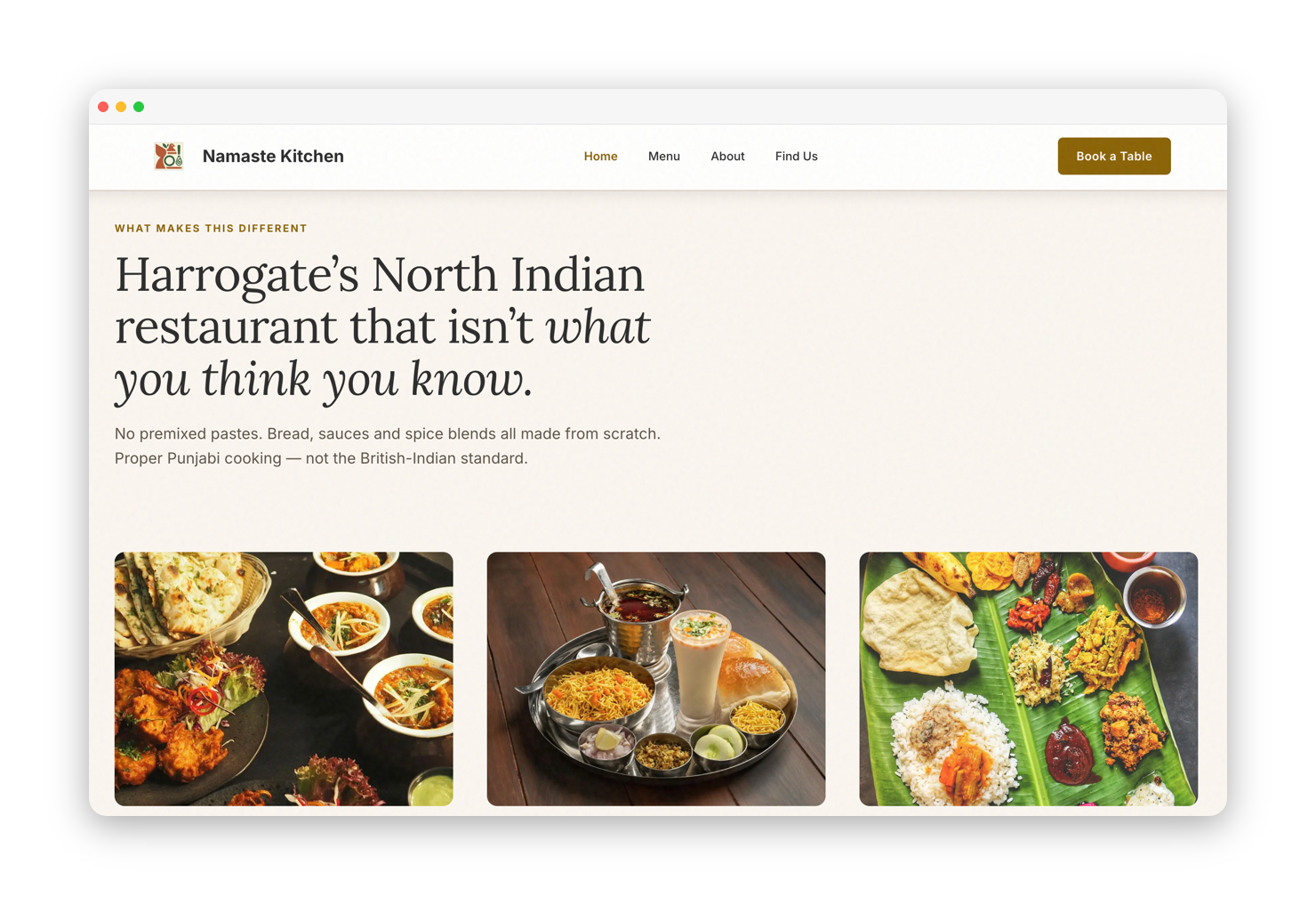 Namaste Kitchen website screenshot